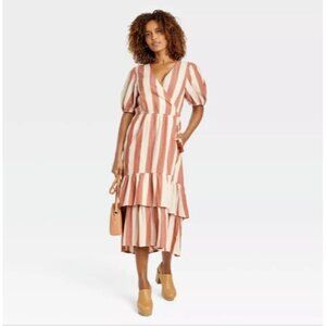 Knox Rose Women's Tiered Midi Wrap Dress Short Sleeve Vertical Stripe XS Cotton